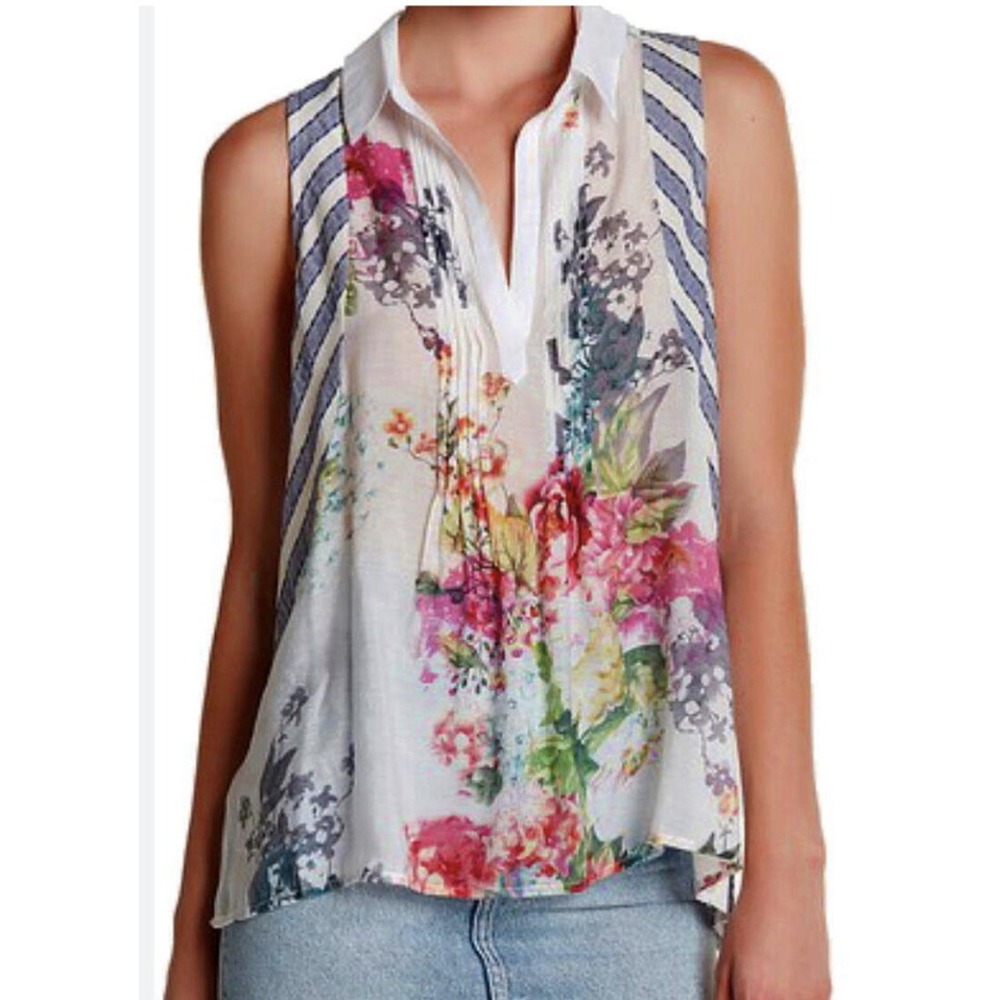 Aratta Silent Journey Floral Striped Pintuck Sleeveless Blouse XS Boho Sequin